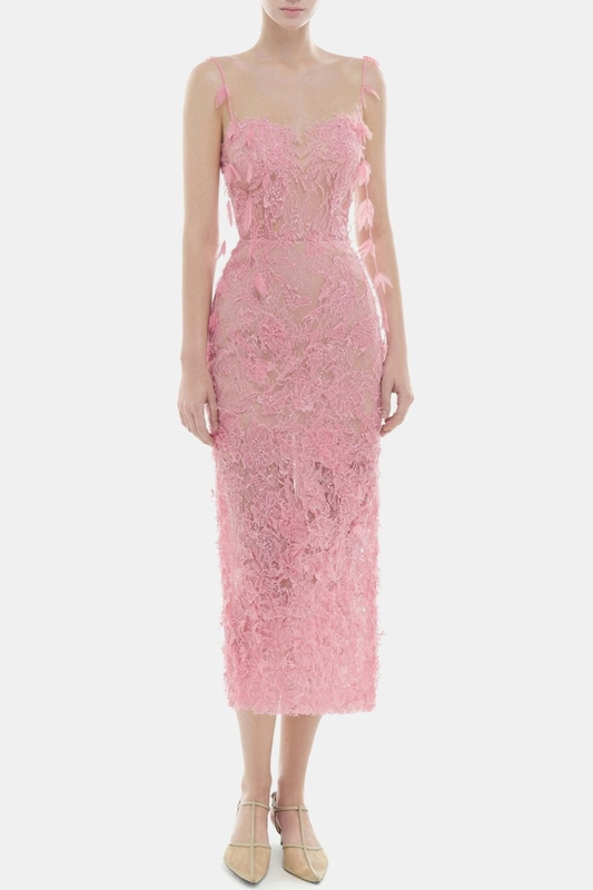 Ahava Floral Lace Midi Dress - Pink