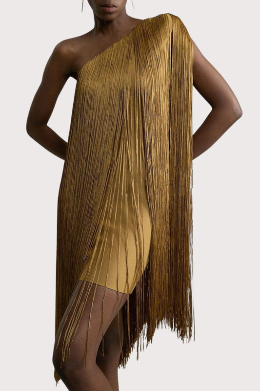 Aimee Bandage One Shoulder Fringe Mini Knit Dress - Gold