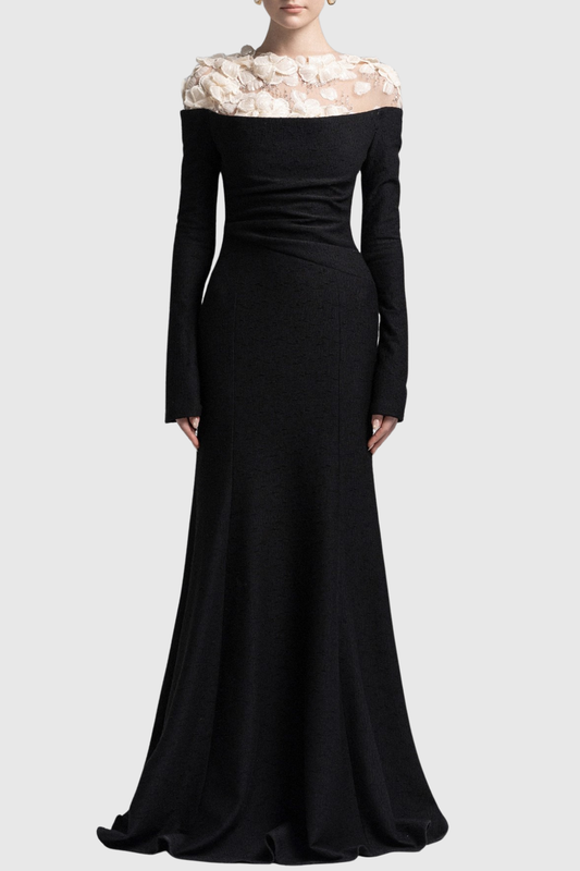 Estha Floral Embellished Draped Maxi Dress - Black