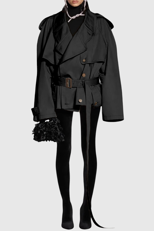 Lisane Double Breasted Short Trench Coat - Black