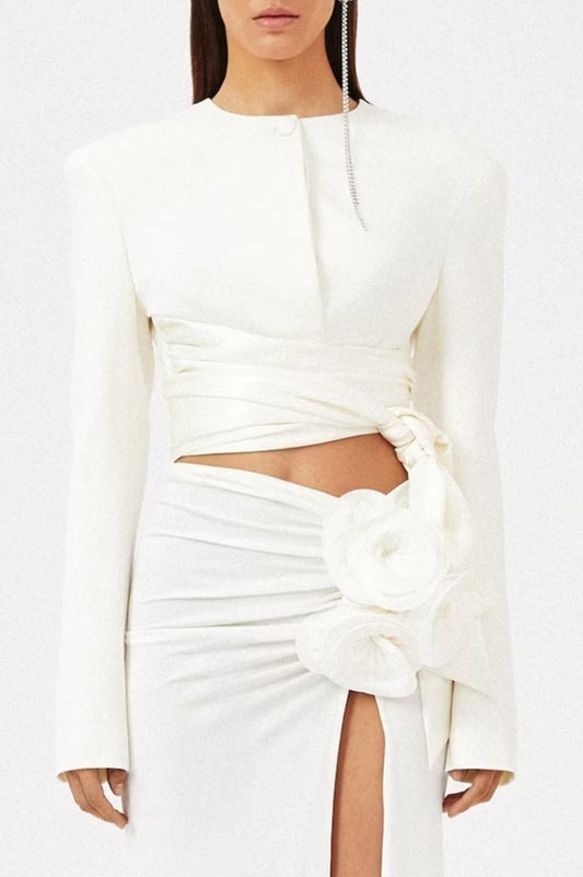 Maelie Bow Detail Satin Crop Blazer - White