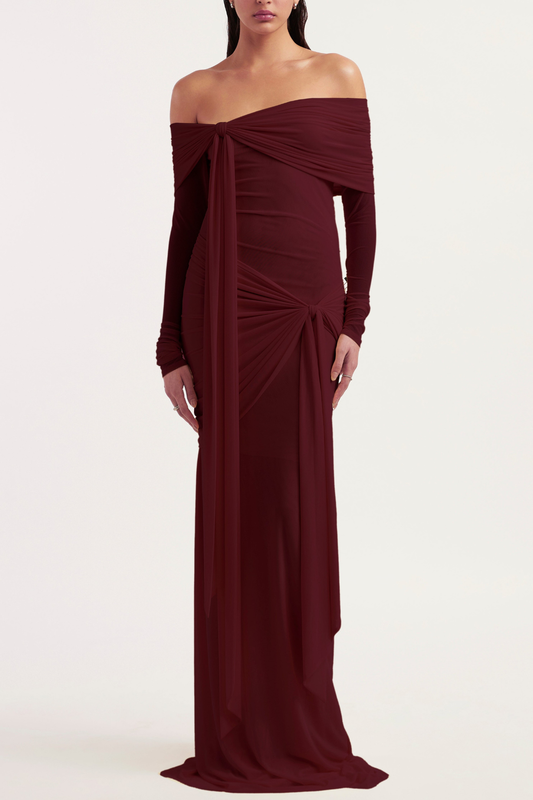 Olaya Off Shoulder Ruched Knot Maxi Dress - Wine