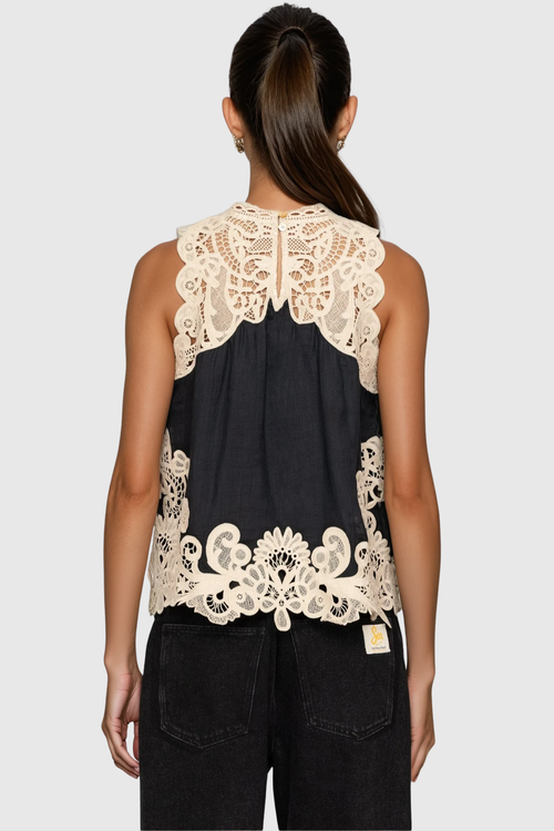 Ruio Cochet Sleeveless Lace Top - Black