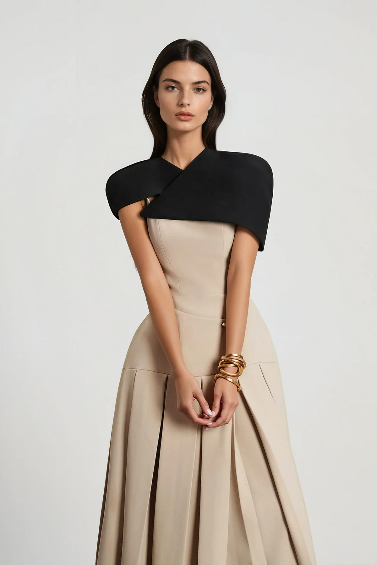 Pasha Cape Asymmetrical Pleated Midi Dress
