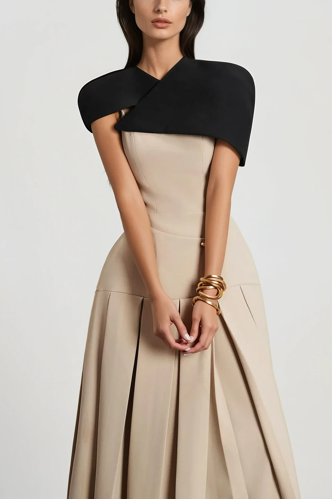 Pasha Cape Asymmetrical Pleated Midi Dress
