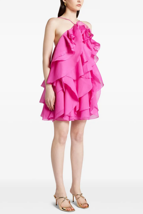 Caysie Halter Floral Ruffle Layered Mini Dress - Fuchsia