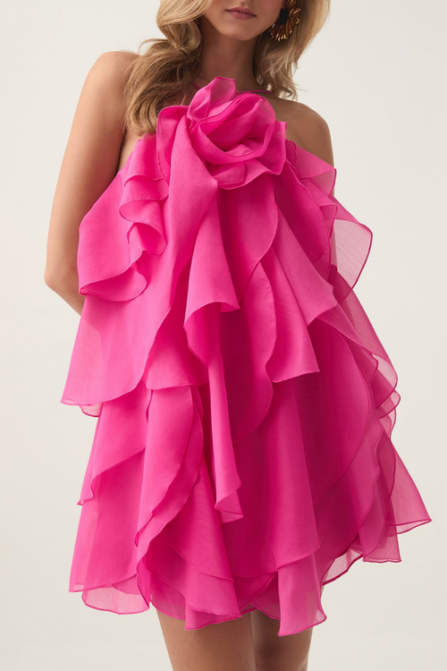 Caysie Halter Floral Ruffle Layered Mini Dress - Fuchsia