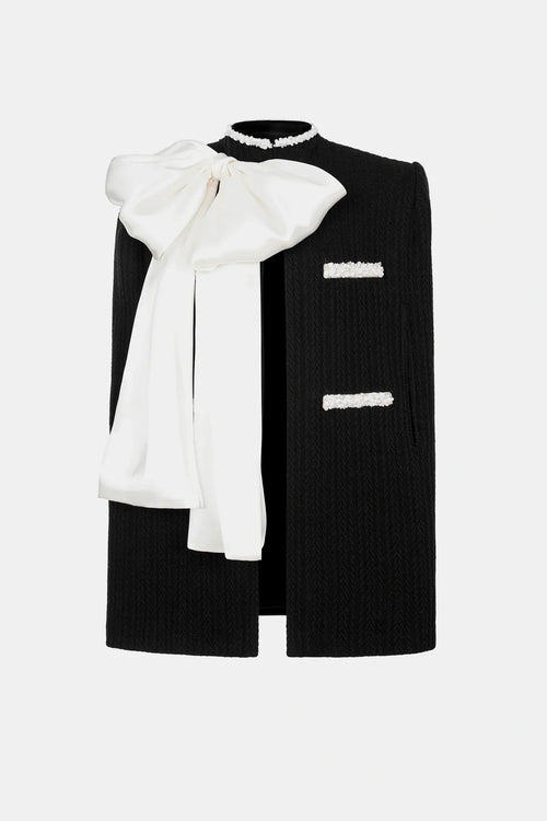 Abene Bow Beaded Embellished Knit Cape - Black