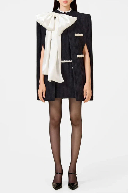 Abene Bow Beaded Embellished Knit Cape - Black