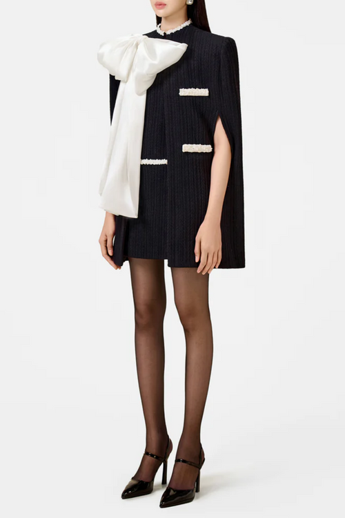Abene Bow Beaded Embellished Knit Cape - Black