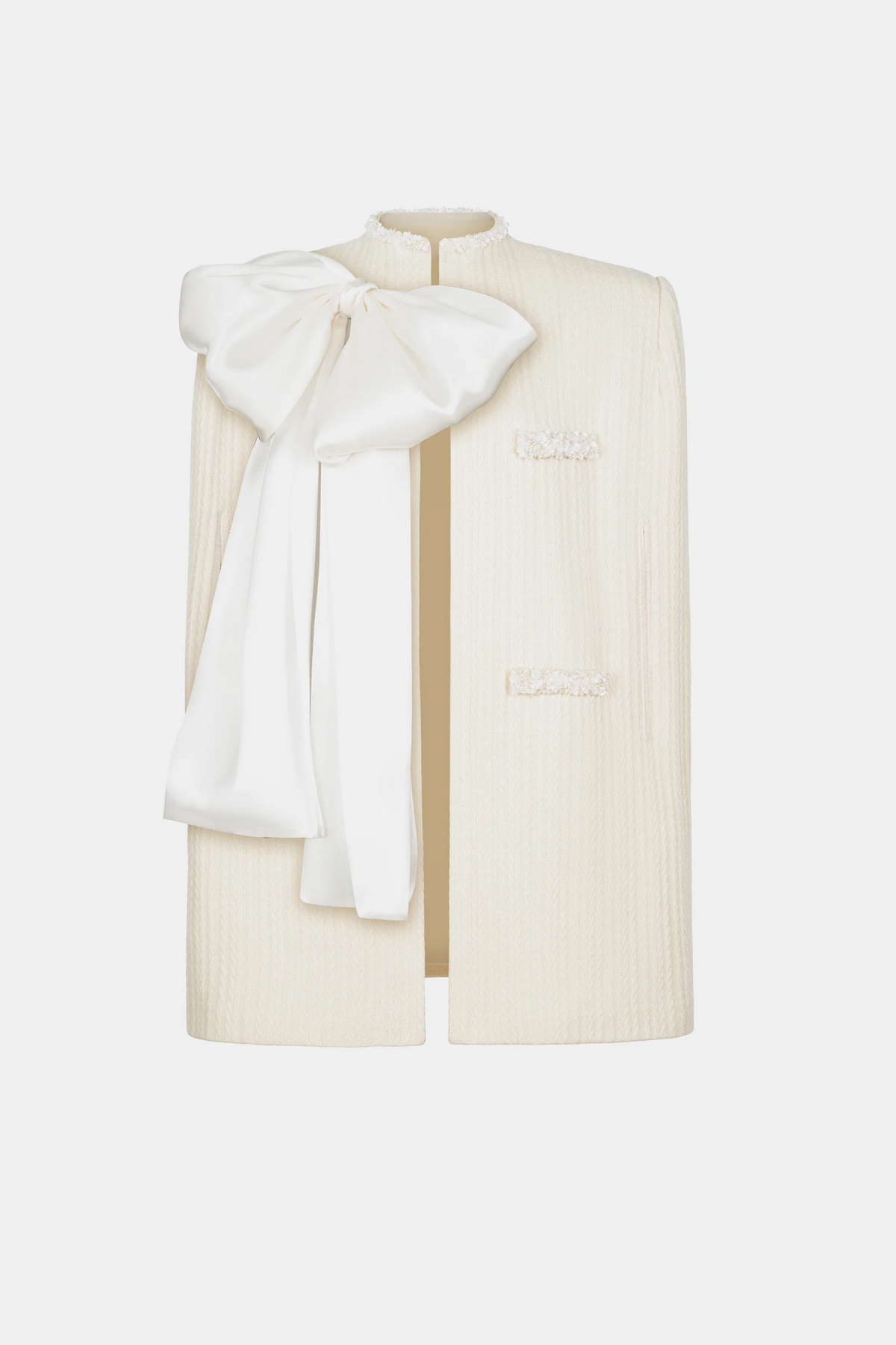 Abene Bow Beaded Embellished Knit Cape - White