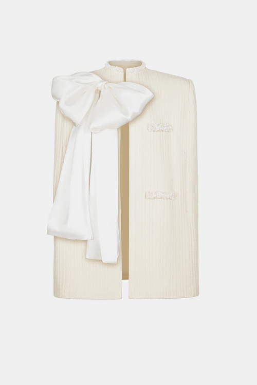 Abene Bow Beaded Embellished Knit Cape - White