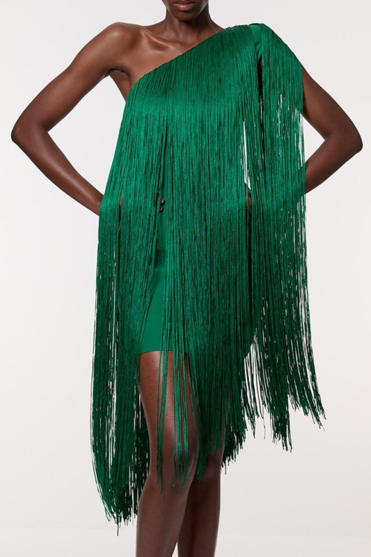 Aimee Bandage One Shoulder Fringe Mini Knit Dress - Green