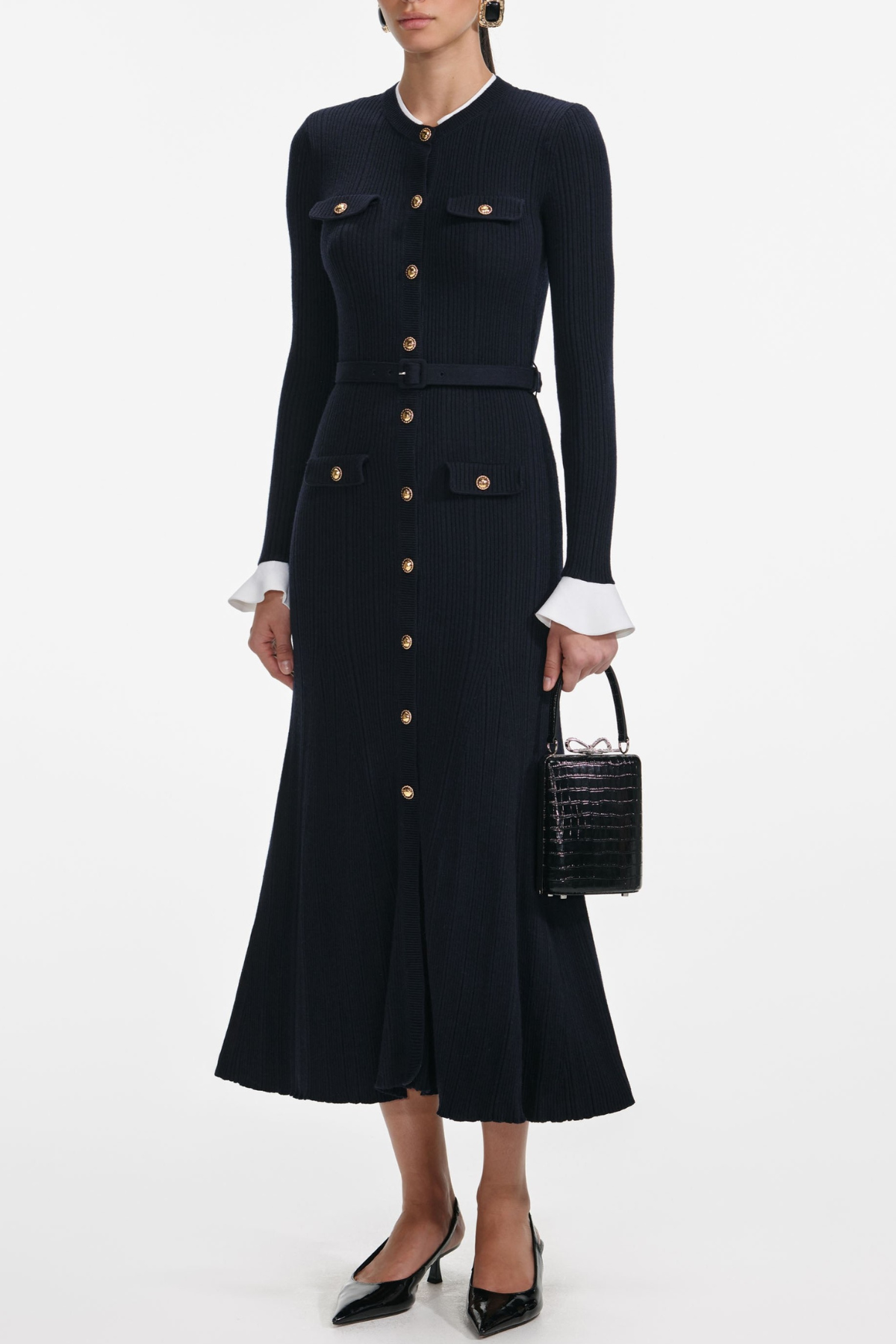 Alioth Ribbed Belted Knit Midi Dress - Navy