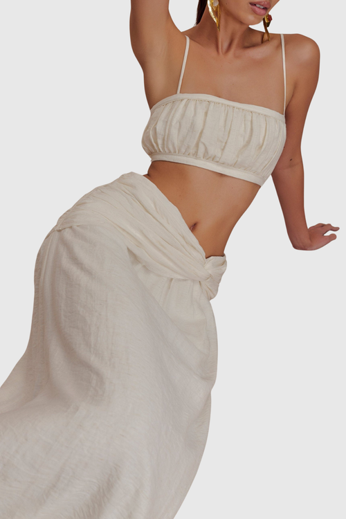 Annike Ruched Top & Knot Maxi Skirt Set - White
