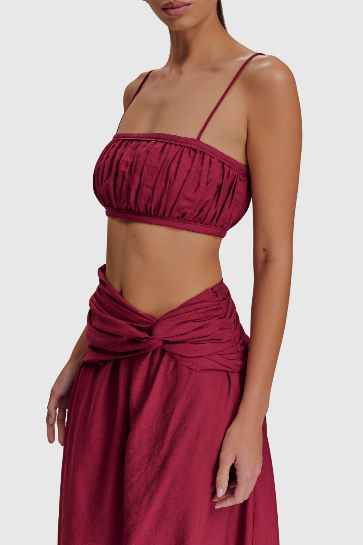Annike Ruched Top & Knot Maxi Skirt Set - Wine