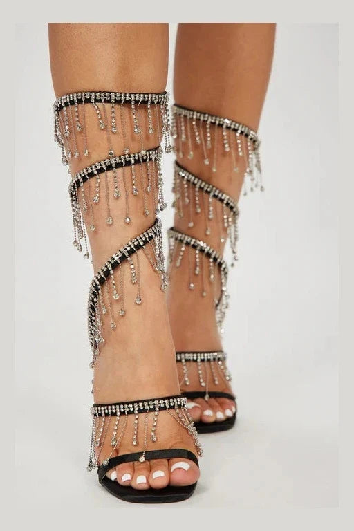 Arabella Rhinestone Tassel Stiletto Heels - Black