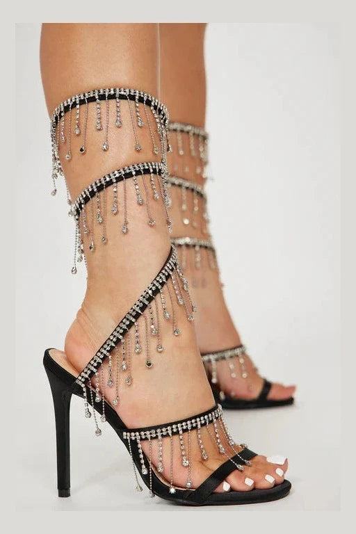 Arabella Rhinestone Tassel Stiletto Heels - Black