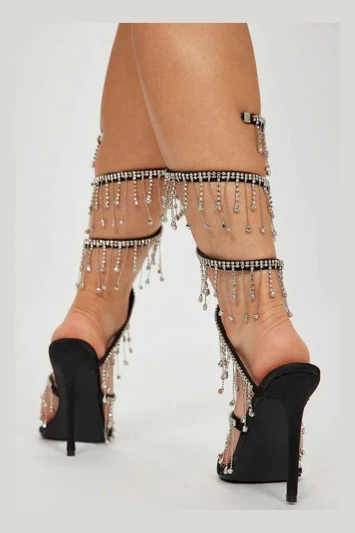 Arabella Rhinestone Tassel Stiletto Heels - Black