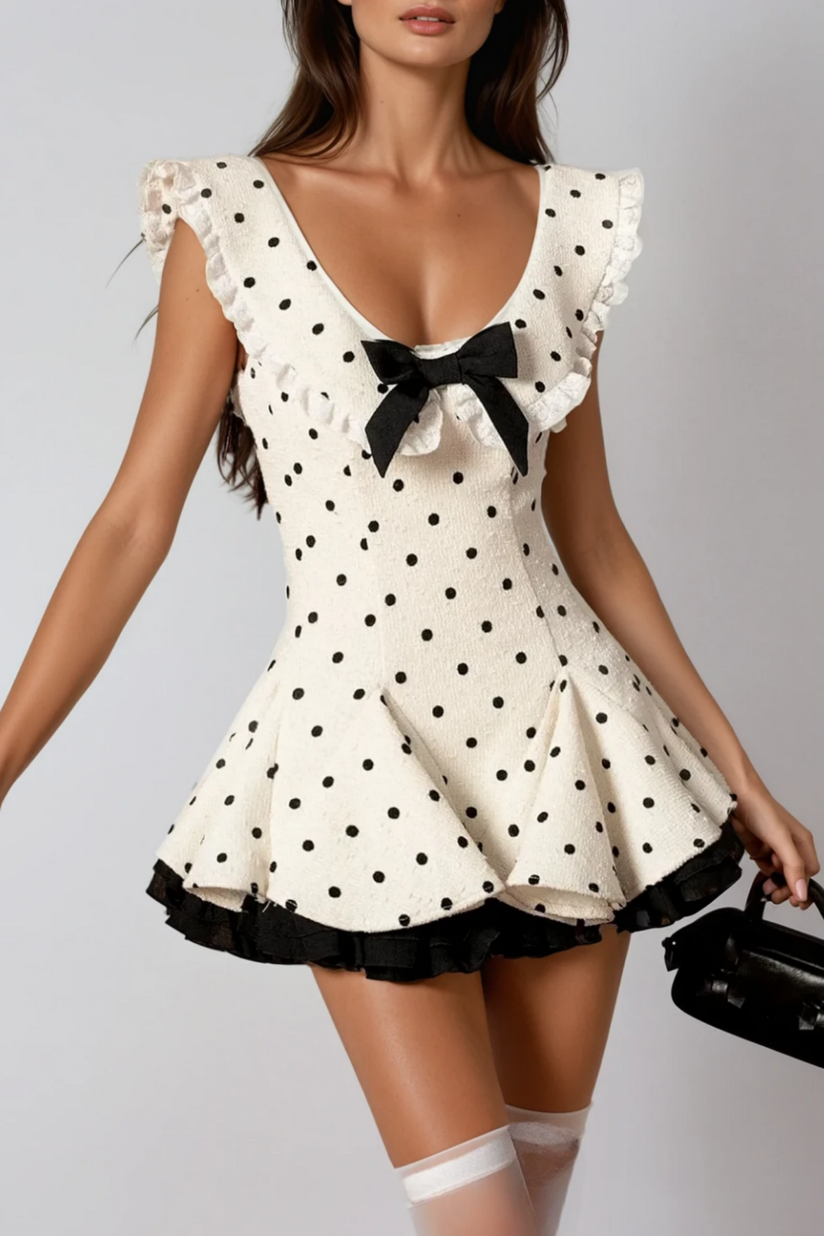 Arlo Dot Bow Lace Ruffle Mini Dress