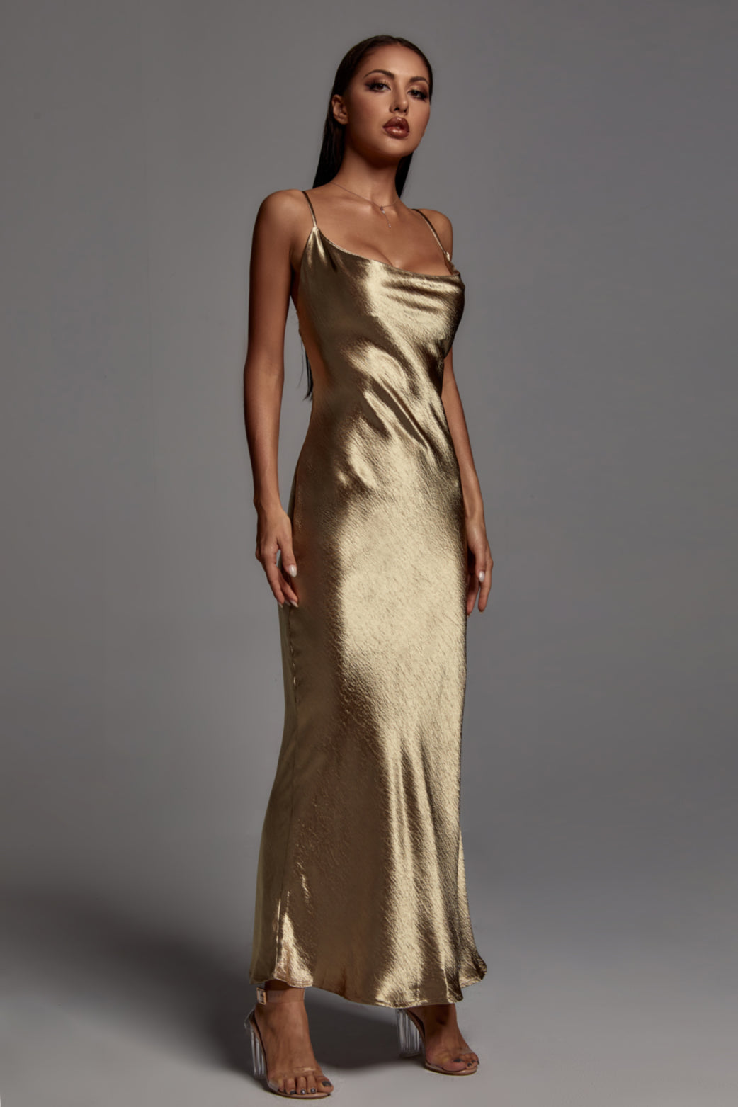 Aubrey Metallic Golden Maxi Dress