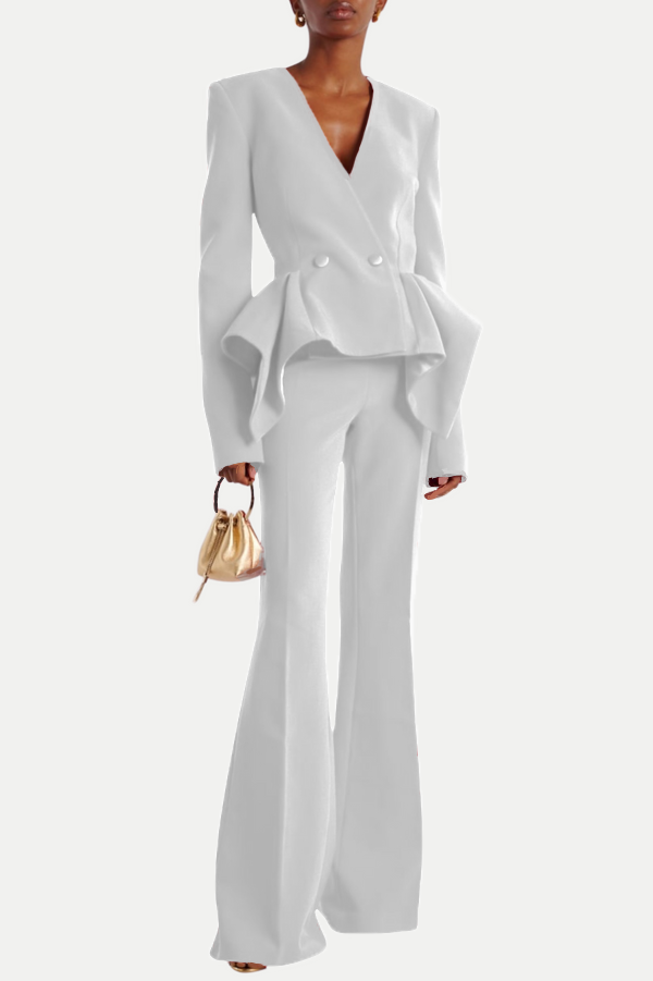 Audith Ruffled Blazer Two Piece Set - White