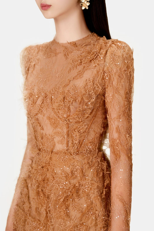 Batya Lace Long Sleeve Mini Dress - Caramel