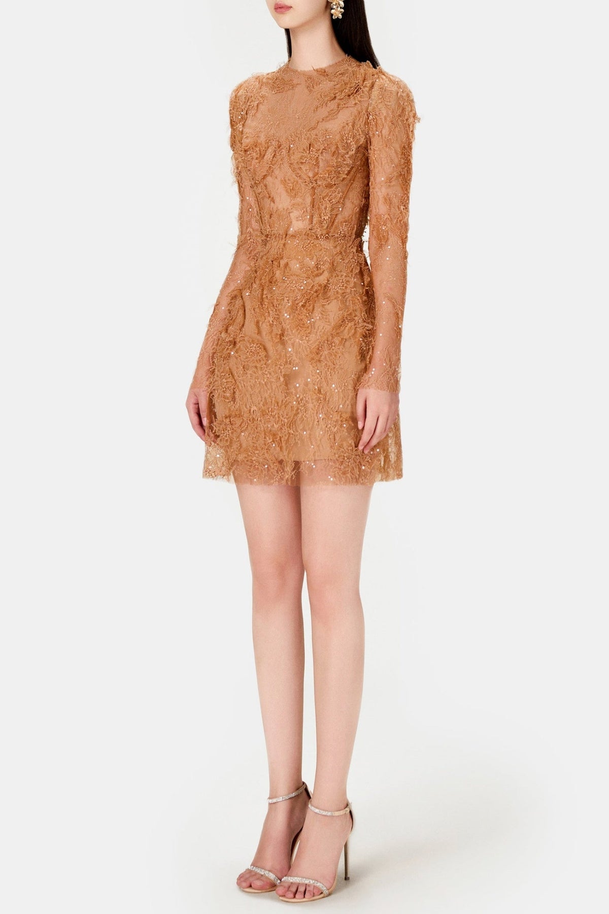 Batya Lace Long Sleeve Mini Dress - Caramel