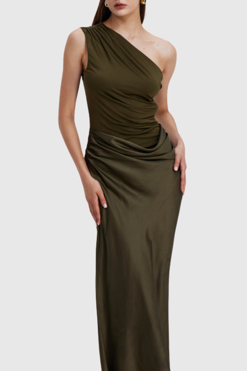 Bertala One Shoulder Satin Ruched Maxi Dress - Green