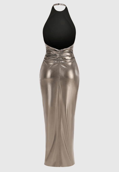 Berton Gold Halter Ruched Backless Split Maxi dress
