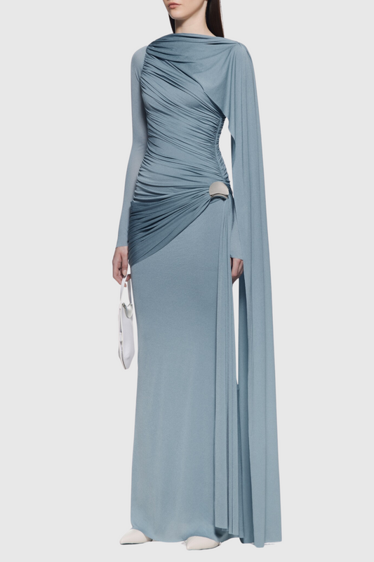 Betsey Asymmetrical Flap Ruched Maxi Dress - Blue