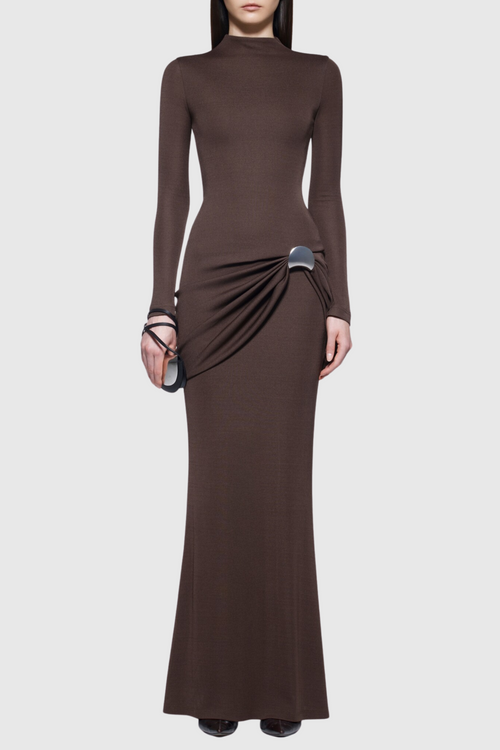 Betsey Draped Metal Embellished Maxi Dress - Brown