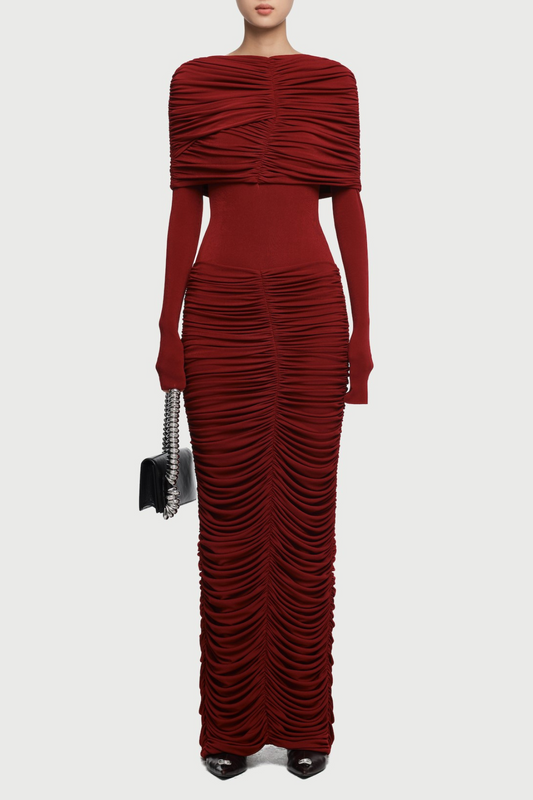Birdya Symmetrical Draped Shoulder Maxi Dress - Wine