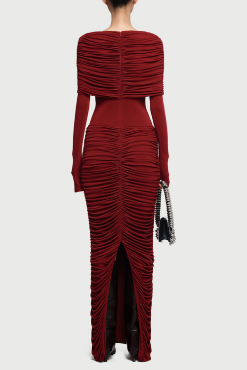 Birdya Symmetrical Draped Shoulder Maxi Dress - Wine
