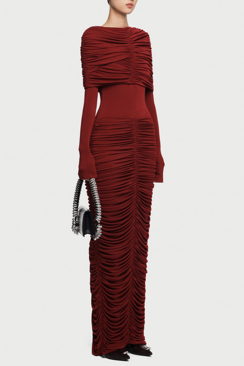 Birdya Symmetrical Draped Shoulder Maxi Dress - Wine