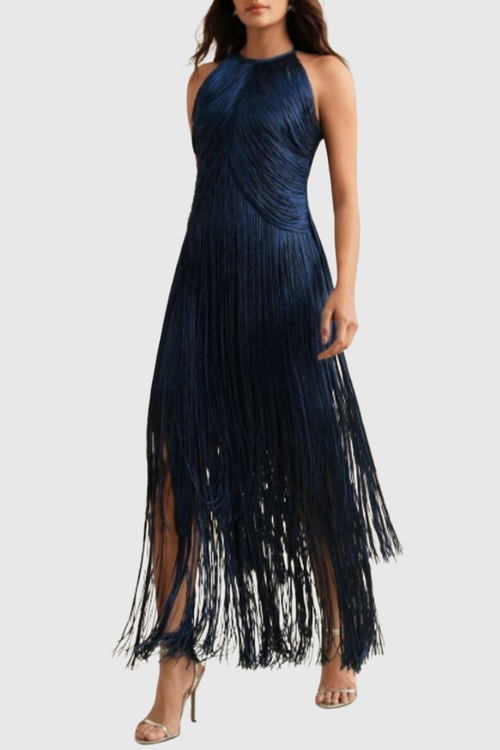 Carina Halter Fringe Maxi Bandage Dress - Blue