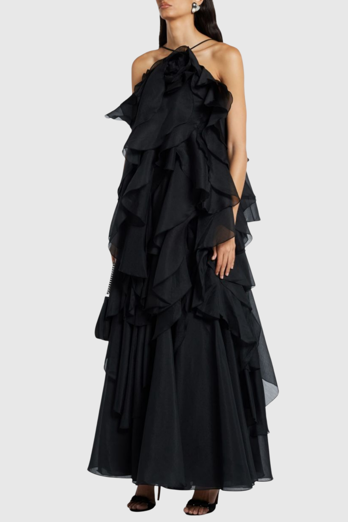 Caysie Halter Floral Ruffle Layered Maxi Dress - Black