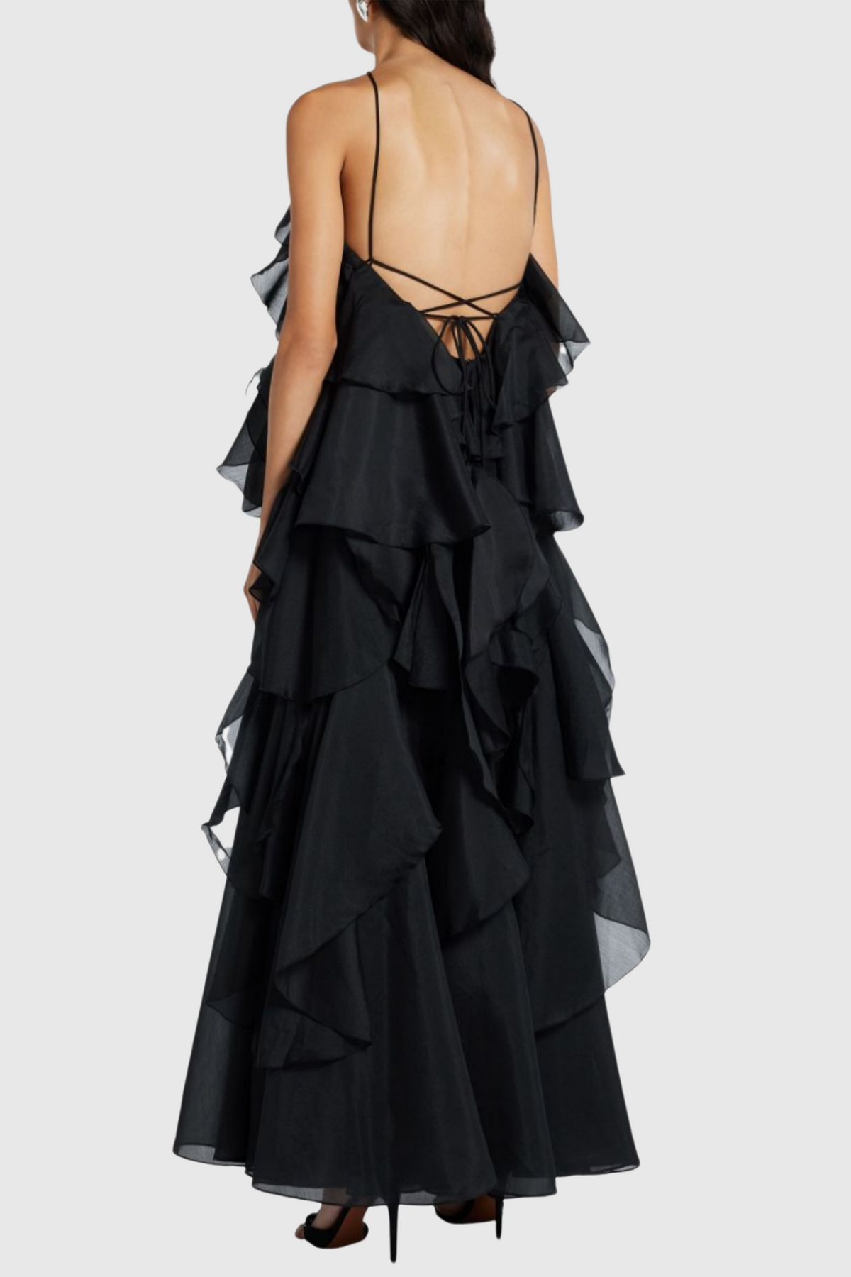 Caysie Halter Floral Ruffle Layered Maxi Dress - Black