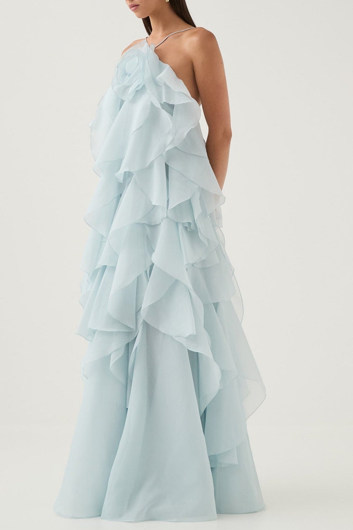 Caysie Halter Floral Ruffle Layered Maxi Dress - Blue