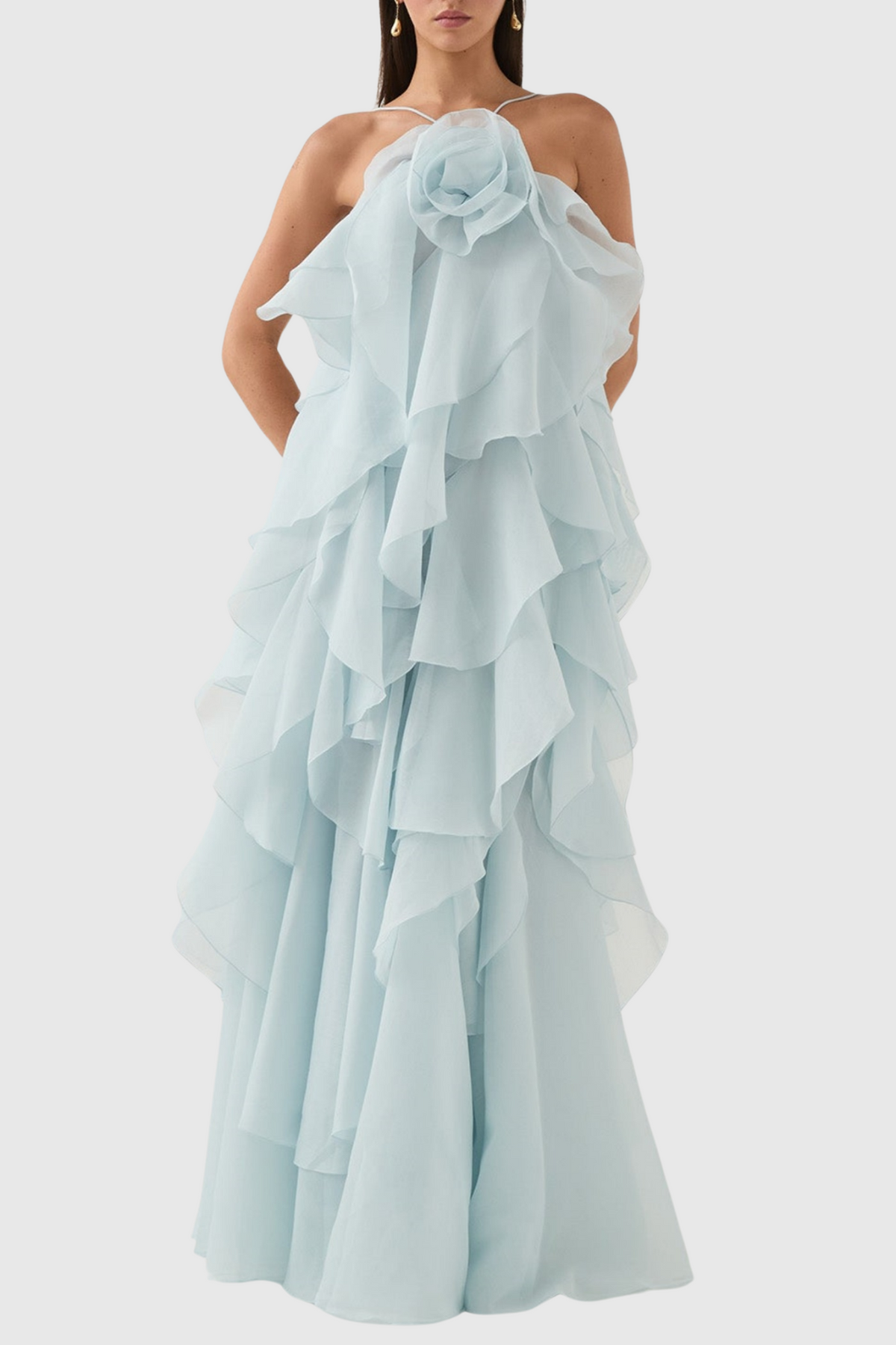 Caysie Halter Floral Ruffle Layered Maxi Dress - Blue