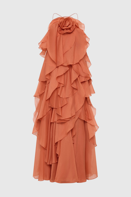 Caysie Halter Floral Ruffle Layered Maxi Dress - Orange