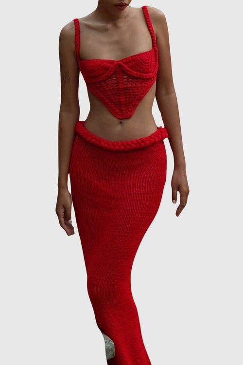 Chaylee Crochet Rope Corset Two Piece Set - Red