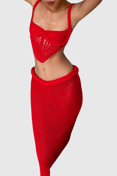 Chaylee Crochet Rope Corset Two Piece Set - Red