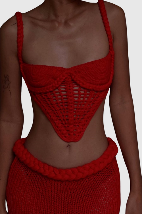 Chaylee Crochet Rope Corset Two Piece Set - Red