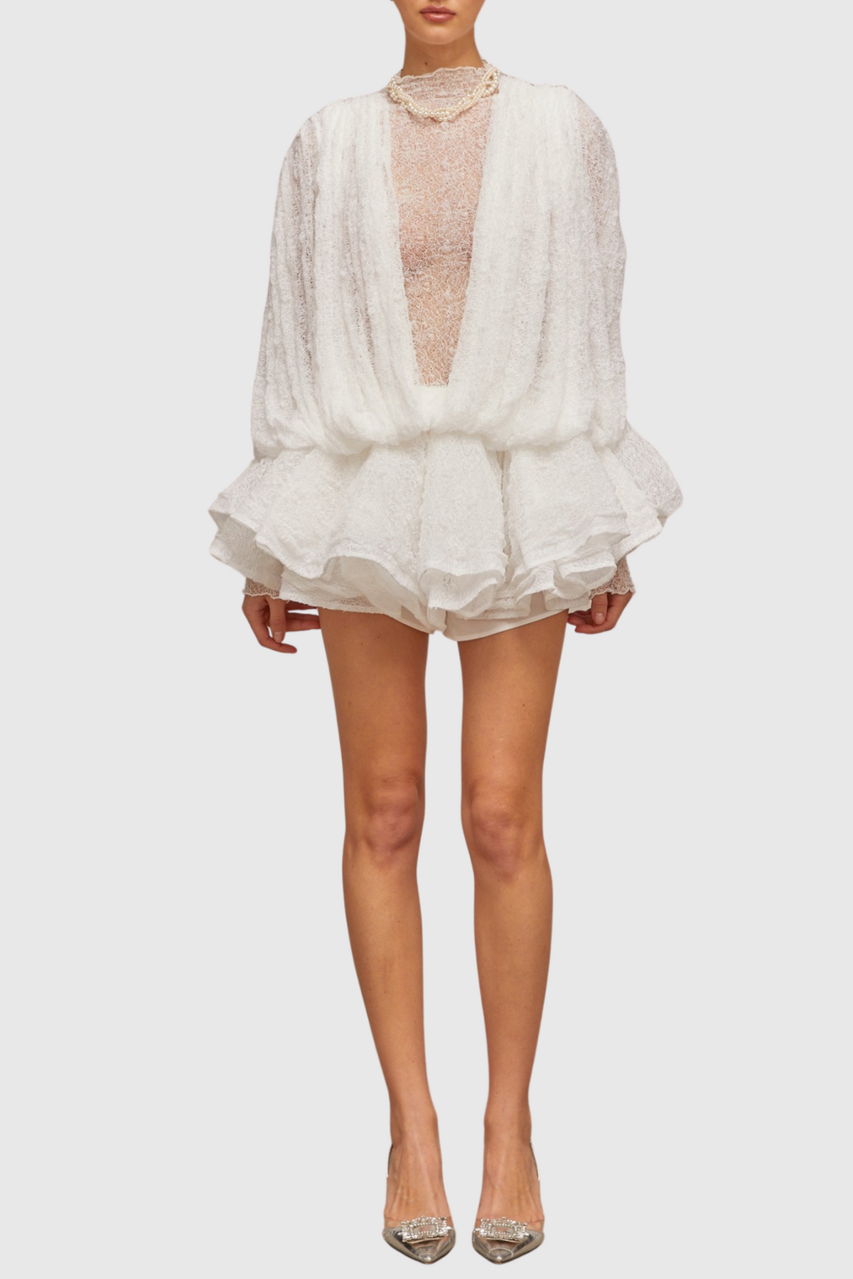 Chaylee Semi-sheer Lace Ruffle Mini Dress