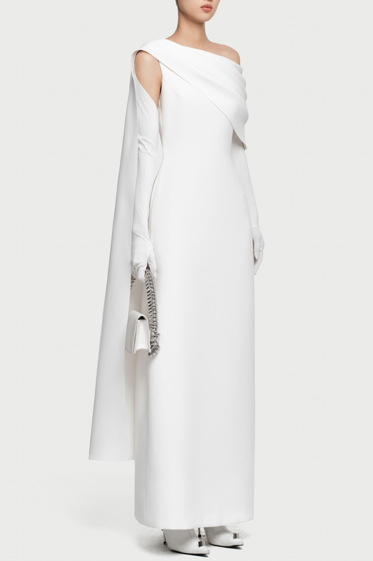 Chesley Asymmetrical Draped Flap Maxi Dress - White