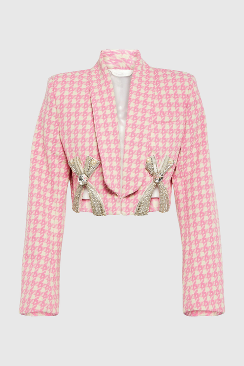 Chieko Houndstooth Bow Embellished Jacket & Mini Skirt Set