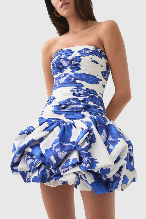 Coleka Floral Print Strapless Ruched Mini Dress - Blue