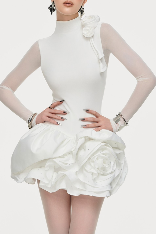 Cristi Flower Appliqué Long Sleeve Mini Dress
