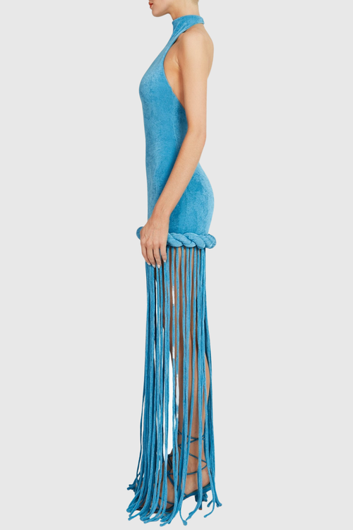 Datara Halter Velvet Rope Fringe Maxi Dress - Blue